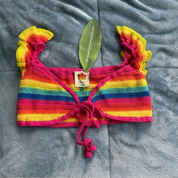 FARM RIO Rainbow Crochet Ruffle Bikini Top - Picture 7 of 9